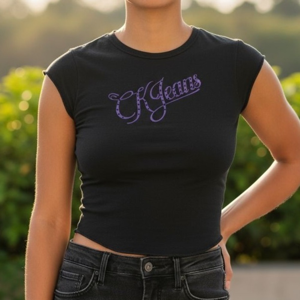 CK Jeans Cotton Black Top Short Sleeve Purple Logo Graphic Tee T Shirt